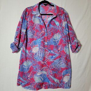 Talbots Tunic Swim Cover Up Womens Sz L Roll Tab Sleeve Pink Blue Seashells